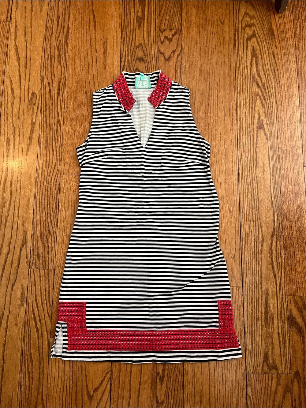 Sail to Sable black white stripe with red crochet trim Small